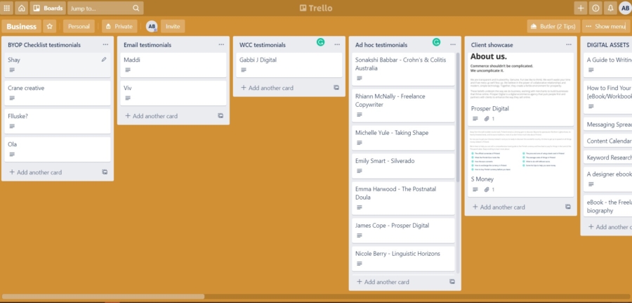 My trello board showcasing the various lists for testimonials, client showcases, etc.
