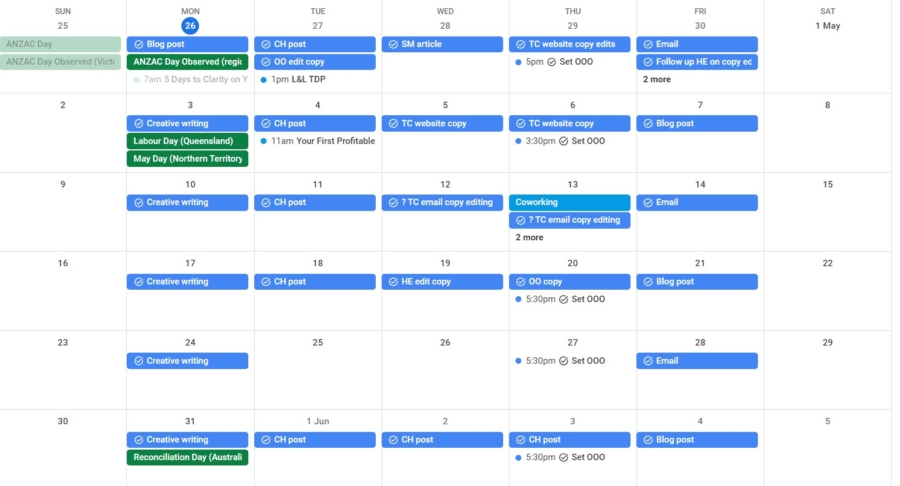 Google calendar setup for project management with tasks marked off for each day.