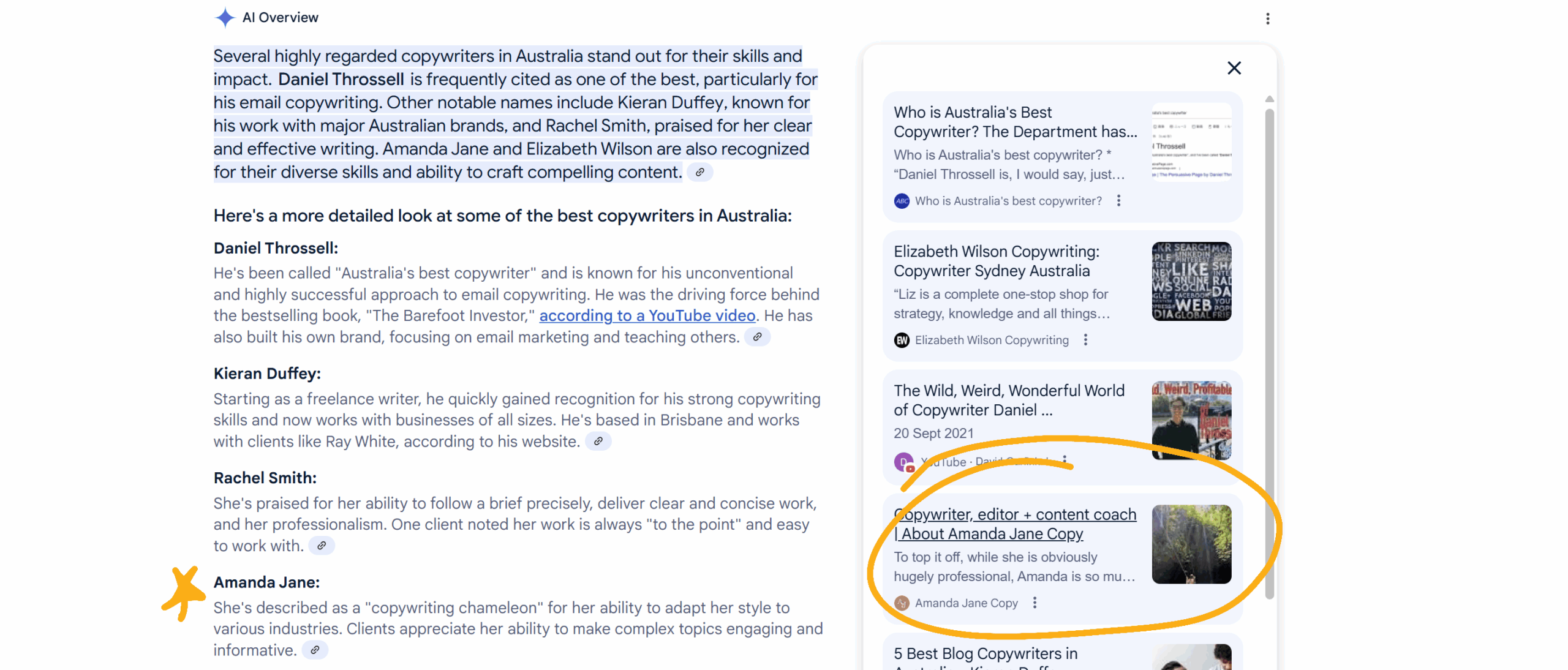 A Google search result that shows Amanda Jane Copy in the top 5 list on Google AI Overviews. 