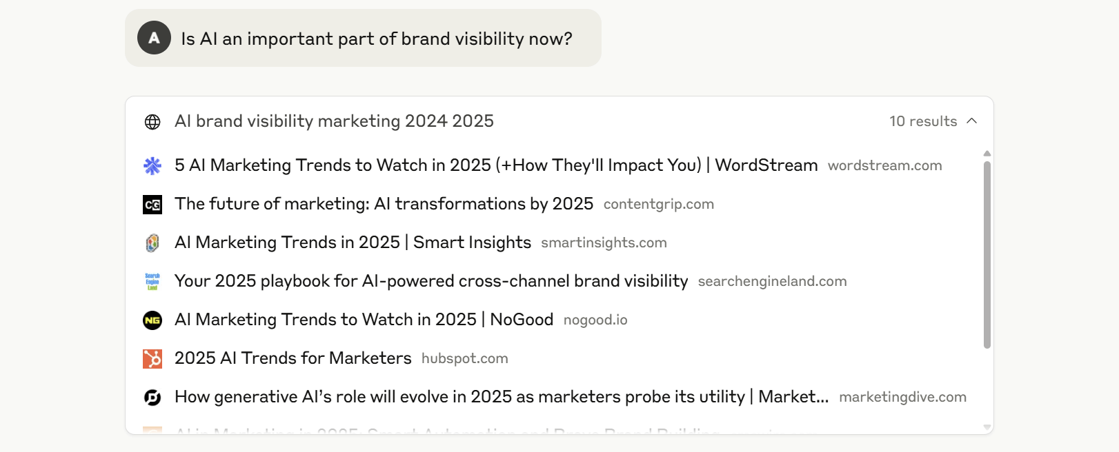 A list of sources included on a Claude search.