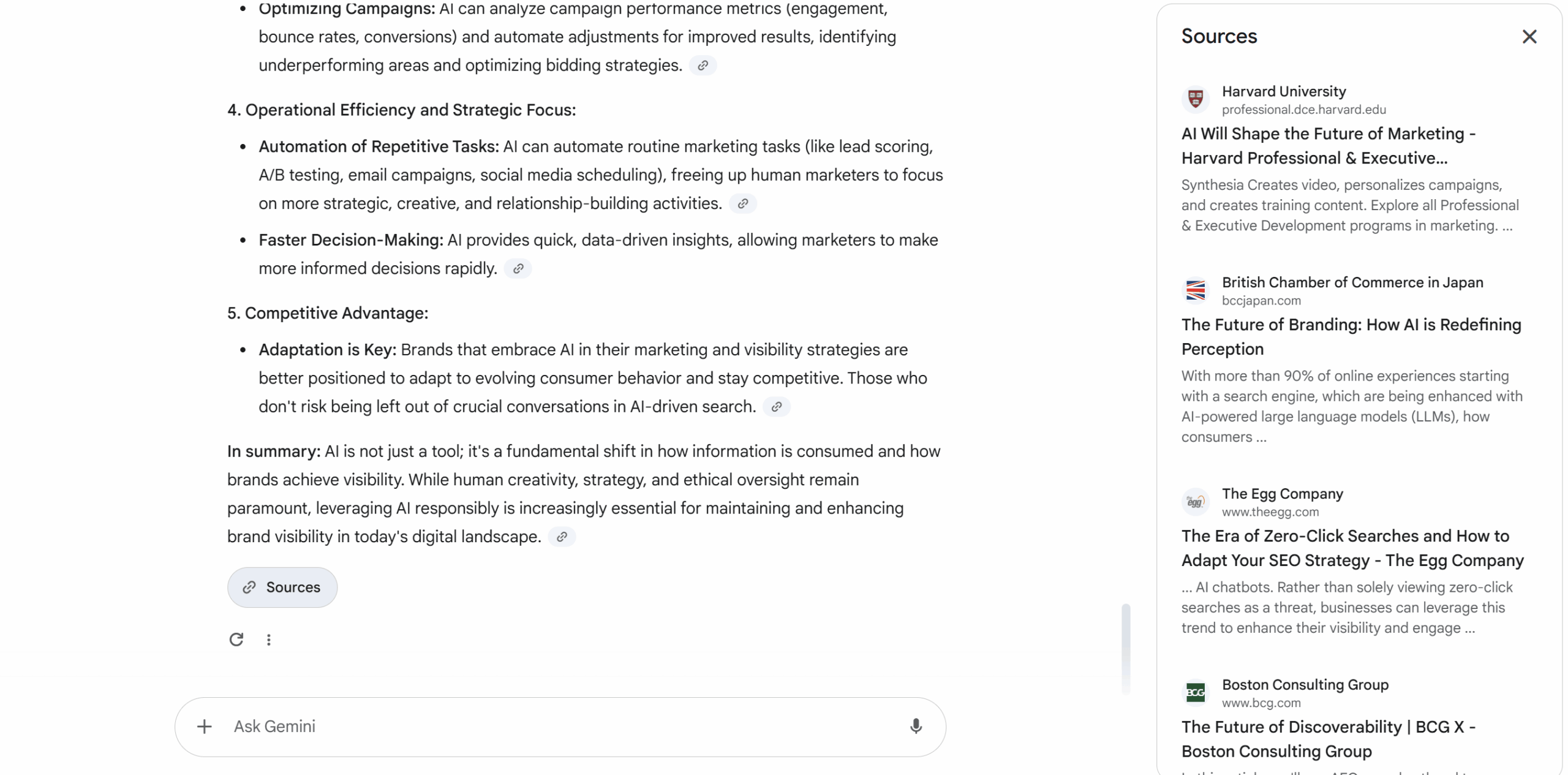 A list of sources provided by Gemini